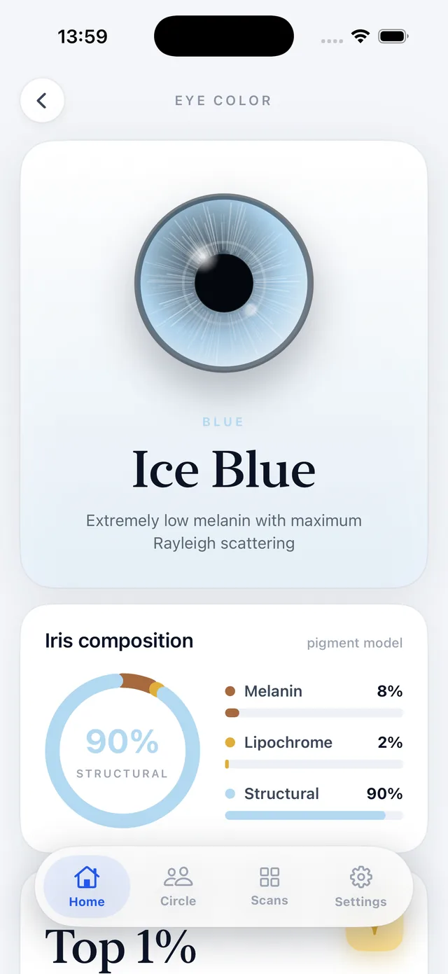 Eye Color Identifier app on iPhone showing the Ice Blue eye color result with iris composition: 8 percent melanin and 90 percent structural