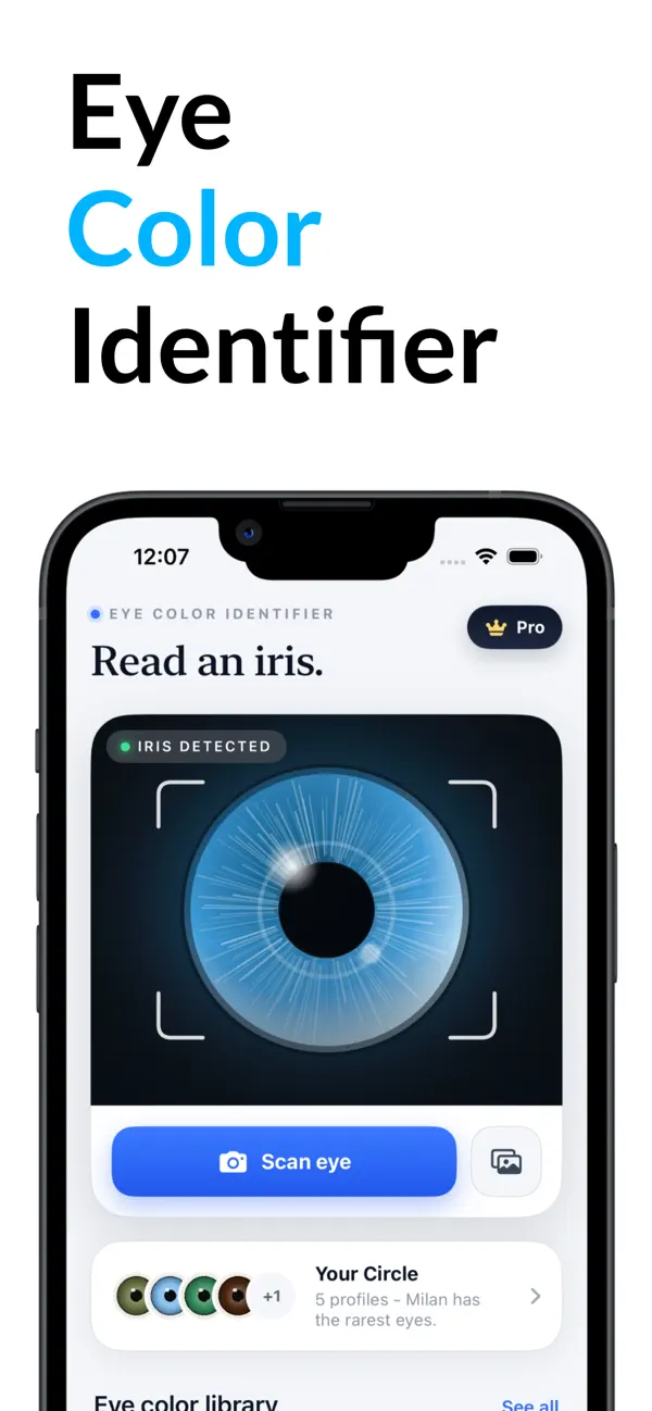 Scan screen with a blue iris inside a detection frame and a Scan eye button