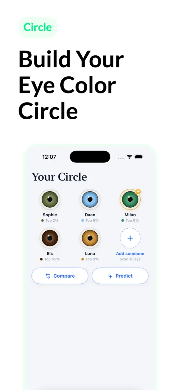 Your Circle screen with saved eye color profiles of family and friends
