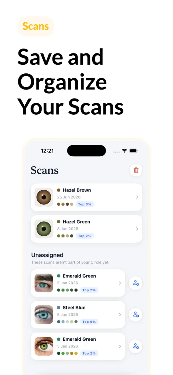 Scans screen listing saved eye scans with shade names, dates, and rarity badges