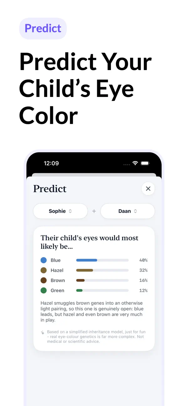 Predict screen estimating a child's likely eye color from two parent profiles